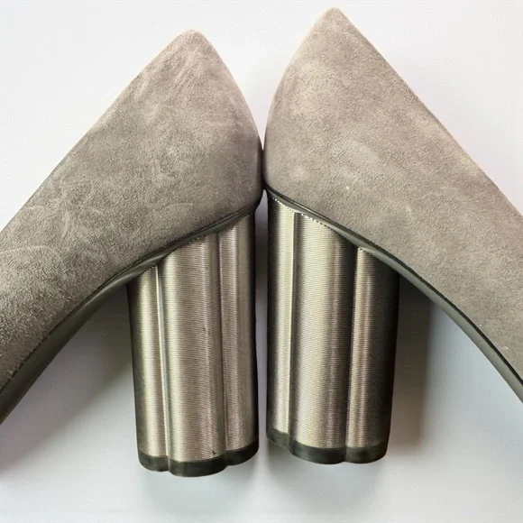 Ferragamo Lucca 85 Gray Suede Metallic Heels